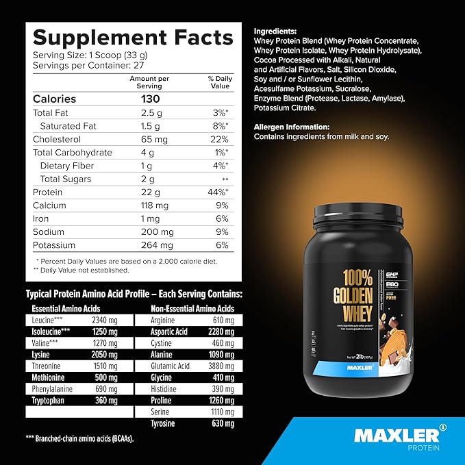 Maxler 100% Golden Whey Protein - 22g Protein per Serving - Premium Whey Protein Powder for Pre Post Workout - Fast-Absorbing Whey Concentrate Isolate Hydrolysate Blend - Chocolate Peanut Butter 2 lb
