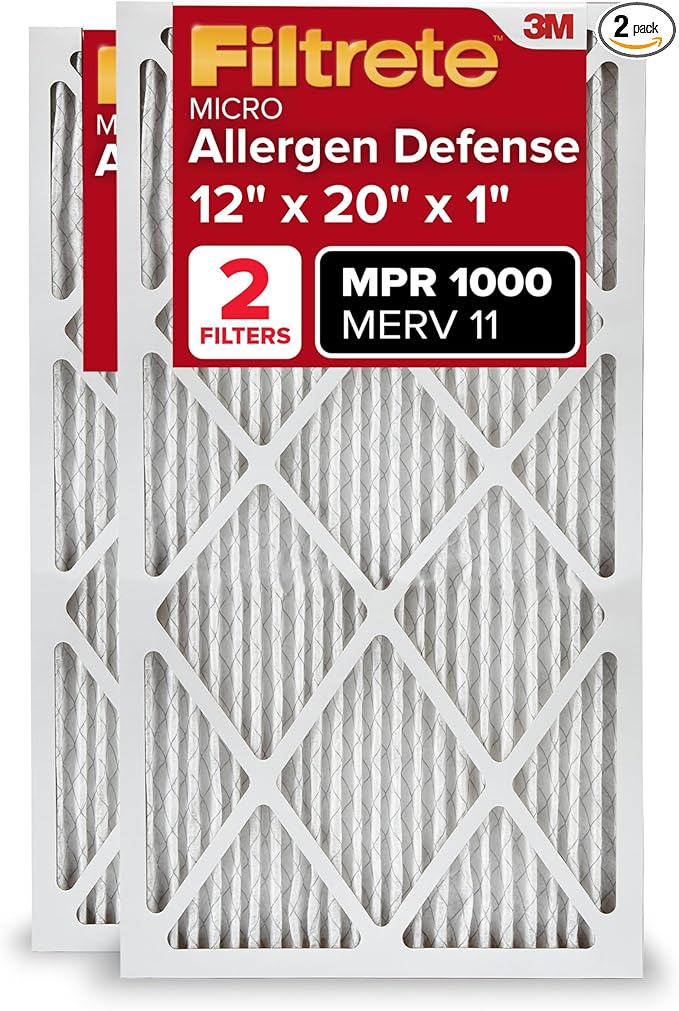 Filtrete 12x20x1 AC Furnace Air Filter, MERV 11, MPR 1000, Micro Allergen Defense, 3-Month Pleated 1-Inch Electrostatic Air Cleaning Filter, 2 Pack (Actual Size 11.81x19.81x0.81 in)