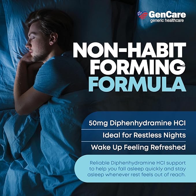 GenCare Maximum Strength Nighttime Sleep Aid Supplement for Adults Deep Sleep Pills with Diphenhydramine HCl 50mg to Fall Asleep Faster- Strong Non-Habit Forming PM Sleeping Relief [96 Softgels]