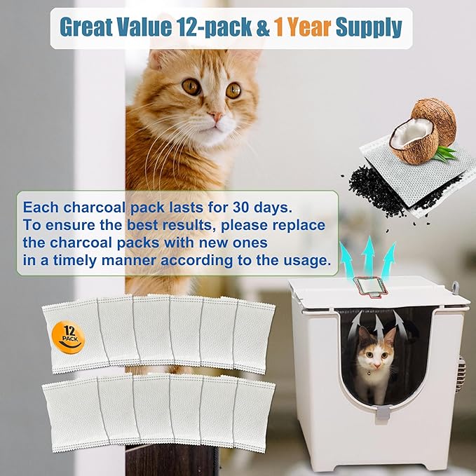12 Pack Replacement Charcoal Filters for Modkat Flip Cat Litter Box, Activated Carbon Air Purifier Refills Compatible with Modkat Flip Cat Litter Box