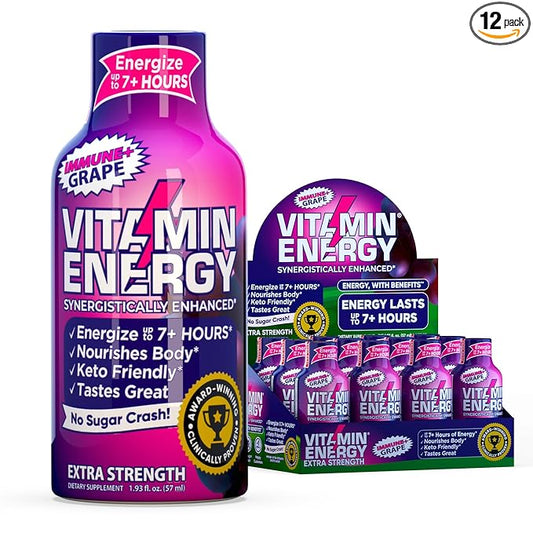 Vitamin Energy Immune+ Extra Strength Energy Shot Grape 12 Pack, 260mg Natural Caffeine, B-Vitamins, Citicoline, Green Tea, Immunity & Focus Support, Zero Sugar, Gluten-Free 1.93 fl oz