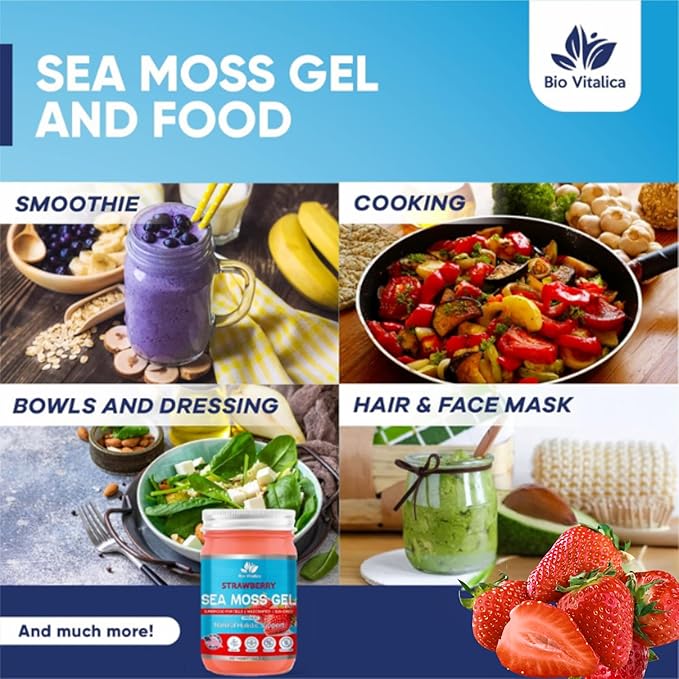 Sea Moss Gel by BioVitalica - Irish sea Moss raw Organic - Premium Quality - Dr Sebi, Vegan superfood for Cells - 100% Natural seamoss Gel (Pack of 1, Strawberry)