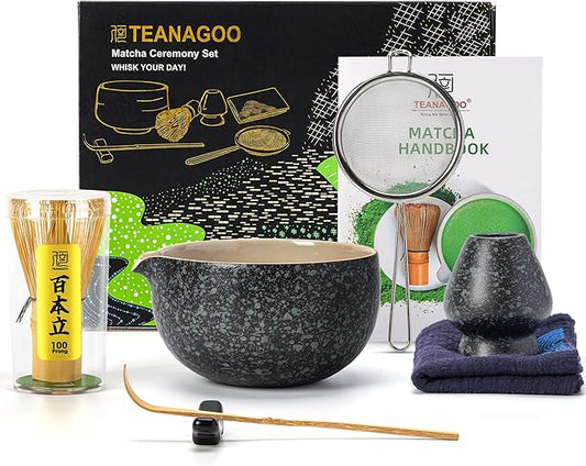 TEANAGOO Matcha Whisk Set Black,7 Pcs Matcha Set,Matcha Kit for Ceremony,Tradition Tea Set for Making Breakfast/Latte,Matcha Whisk Set with Bowl(Chawan)/Whisk and Holder,Gift for Family/Friend