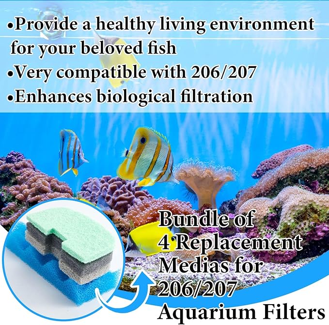 20 Pcs Aquarium Filters Replacement Filter Media Kits Compatible with Fluval 206/207, Including 2 Biological Foams, 6 Ammonia / 6 Phosphate / 6 Nitrite Remover