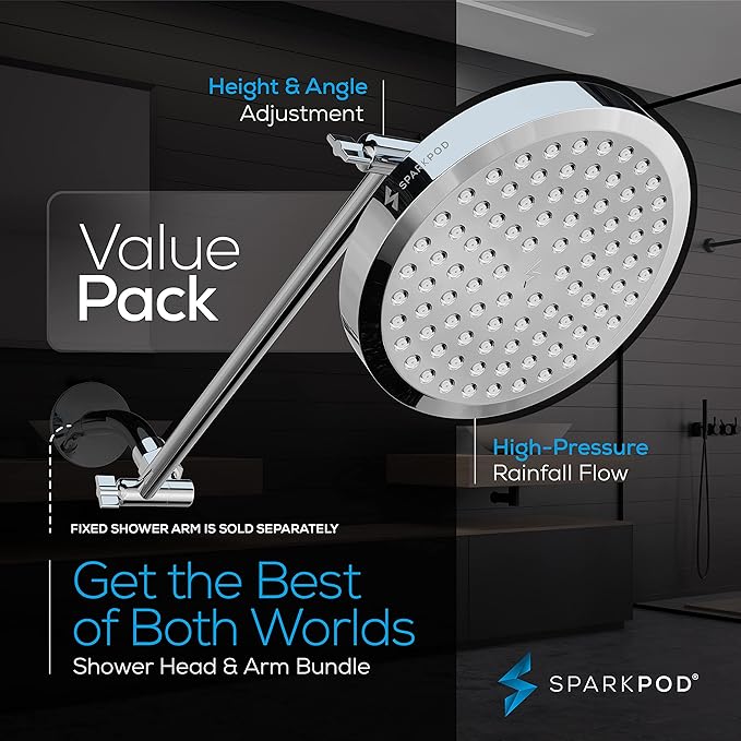 SparkPod Round Rain Shower Head with Shower Head Extension Arm - High Pressure Rain - Luxury Modern Look - No Hassle Tool-less 1-Min Installation (16" Shower Arm Extension, Luxury Polished Chrome)