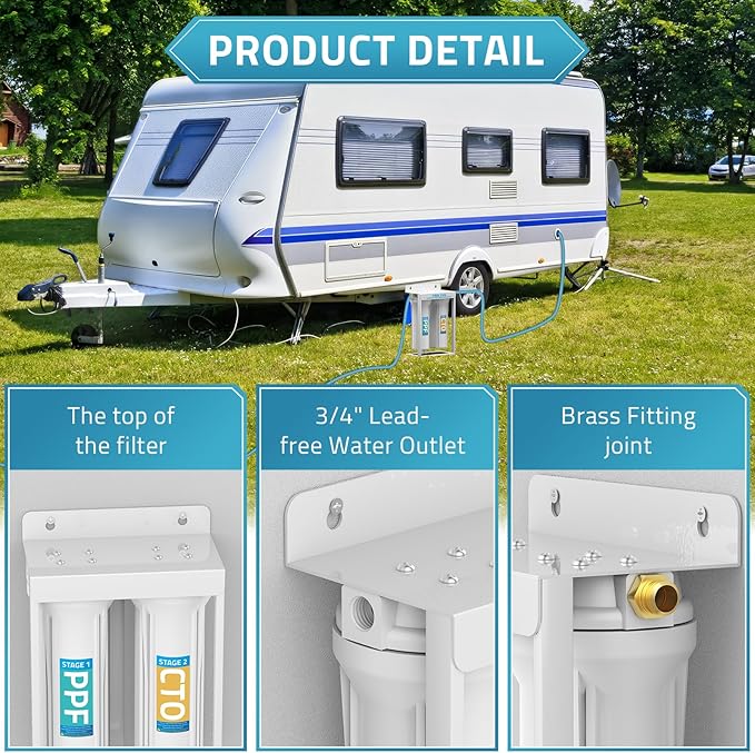PAULINN External RV Dual Water Filters System, Lead-Free & BPA-Free Camper Water Filter with Brass Fittings & Mounting Bracket & Two Filters, Reduces Sediment, Chlorine, Bad Taste and Odors