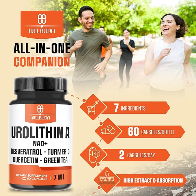 7in1 Urolithin A Capsules 500mg with NAD+, Resveratrol, Curcumin and Quercetin Supplement for Men Women - 60 Capsules - 30 Days Supply