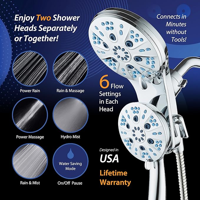AquaCare Magneton High-Pressure 48-mode Luxury 3-way Combo System with Magnetic Guidance Docking, Giant Rain & Handheld Shower Head, Hygienic Jets and 6 ft. Stainless Steel Hose, All Chrome Finish