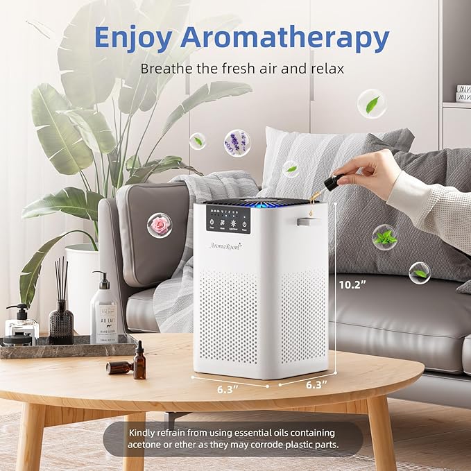 AromaRoom Air Purifiers for Bedroom with 3-in-1 HEPA Filter, Air Purifiers for Home Pet Pee Smell with Aromatherapy, Quiet 360° Airflow Air Cleaner for Office, Dorm, Apartment, Kitchen, AP102 White