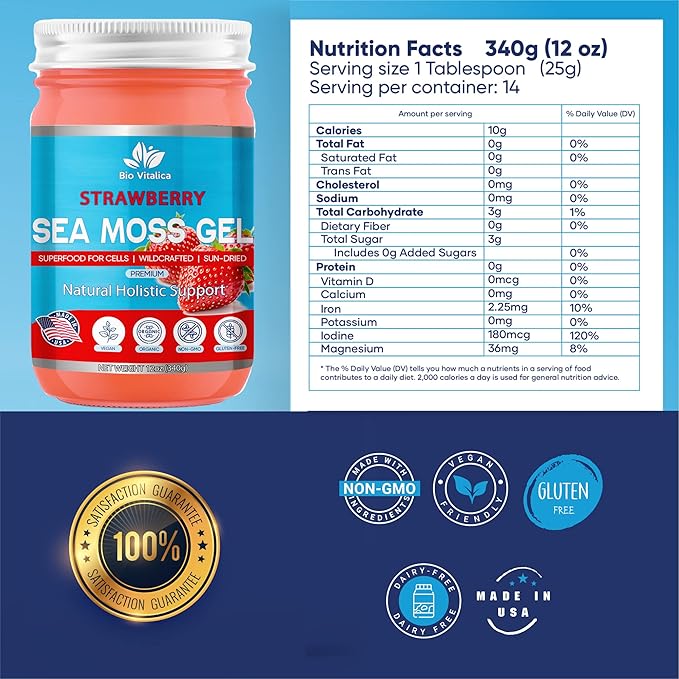 Sea Moss Gel by BioVitalica - Irish sea Moss raw Organic - Premium Quality - Dr Sebi, Vegan superfood for Cells - 100% Natural seamoss Gel (Pack of 1, Strawberry)