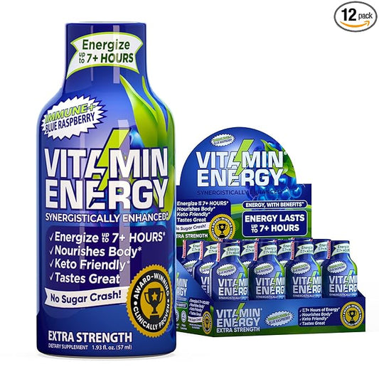 Vitamin Energy Immune+ Extra Strength Energy Shot Blue Raspberry 12 Pack, 260mg Natural Caffeine, B-Vitamins, Citicoline, Green Tea, Immunity & Focus Support, Zero Sugar, Gluten-Free 1.93 fl oz