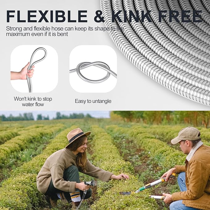 25ft 304 Stainless Steel Garden Hose Metal, Heavy Duty Water Pipe with Nozzles for Yard, Outdoor - Flexible, Never Kink & Tangle, Puncture Resistant (Sliver)