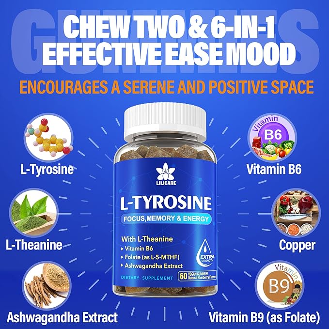 L-Tyrosine Gummies 1100mg with Ashwagandha for Men & Women, L Tyrosine Supplement and L-Theanine Calm & Focus Gummies Plus Vitamin B6, Folate, Copper for Brain, Mood, Energy - Vegan, Gluten-Free