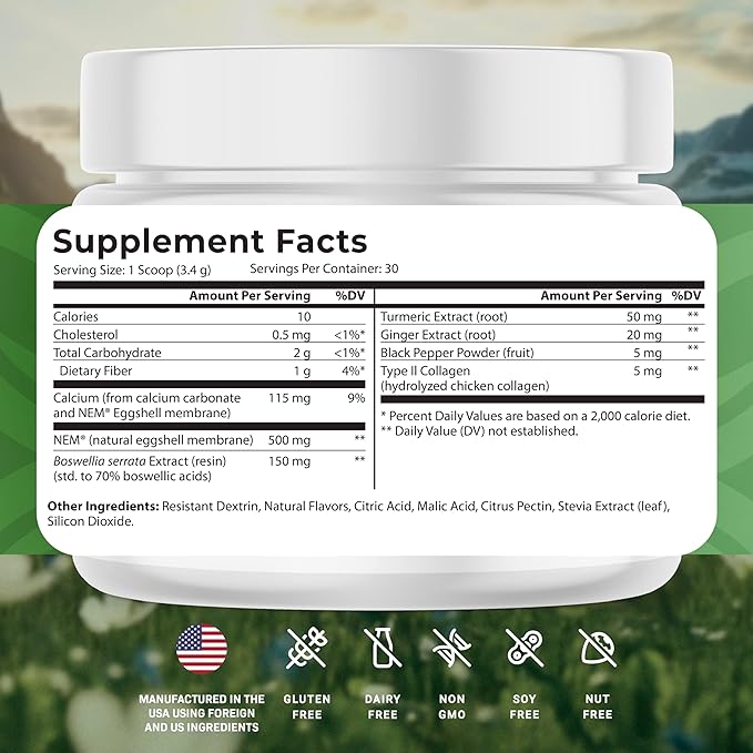 Motion Bliss Joint Supplements for Men & Women - Joint Health Support - with NEM, Calcium, Boswellia Serrata Extract, Collagen & More - 3.67 Oz - 30 Servings - Citrus Zest Flavor