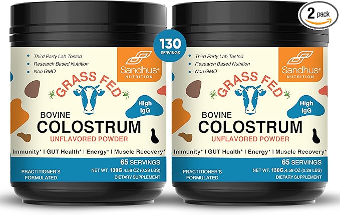Sandhu's Grass Fed Bovine Colostrum Powder for Humans, Adults | 65 Servings (Pack of 2) Cows Supplement | High IgG for Gut Health | Immunity & Muscle Recovery Support | Unflavored | for Men & Women