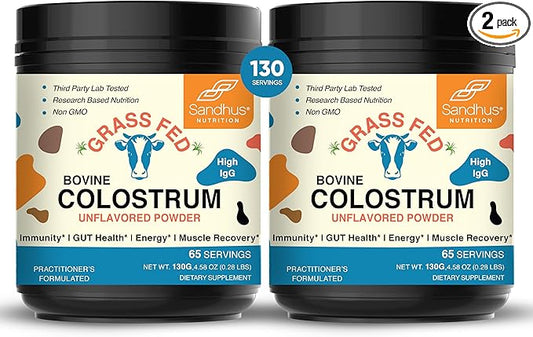 Sandhu's Grass Fed Bovine Colostrum Powder for Humans, Adults | 65 Servings (Pack of 2) Cows Supplement | High IgG for Gut Health | Immunity & Muscle Recovery Support | Unflavored | for Men & Women