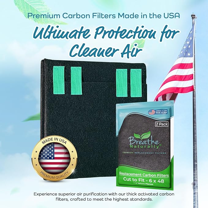 Breathe Naturally Universal Cut To Fit Carbon Activated Air Filter - Replacement Charcoal Filters - Pre Filter Carbon Sheet for Air Purifier, Vent Filters & More - Made in USA (Pack of 2, 6x48)