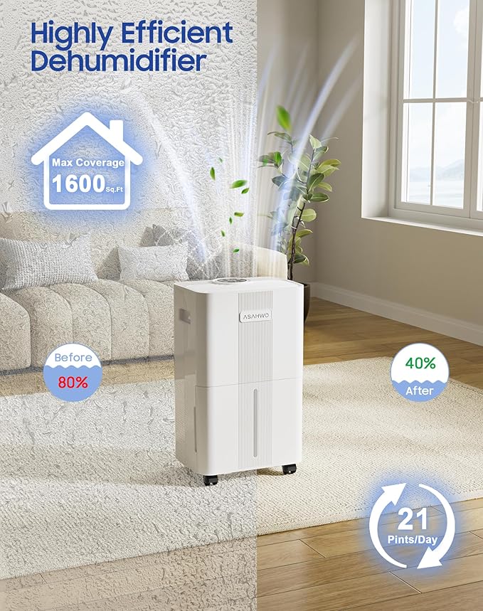 1600 Sq.ft Dehumidifier for Home, 21 Pints Dehumidifier for Basement with Drain Hose, Quiet Dehumidifiers Smart Humidity Control, 24H Timer, 3 Modes, Portable for Bedroom,Bathroom