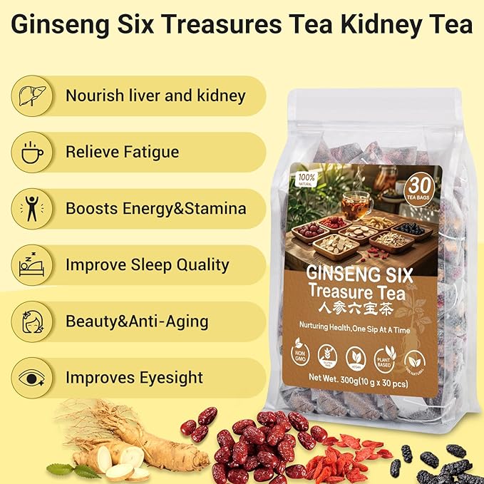 Kidney Tea Formula Ginseng Six Treasure Tea,Ginseng Five Treasures Teabag -7 Ingredient Formula Wolfberry Herbal Chinese Teabag Support Liver Cleanse &Repair for Men Women (2 Boxes,60 Bags)