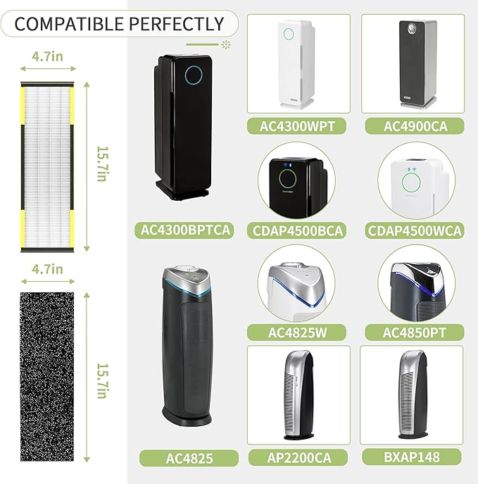 AC4825 HEPA Filter B Replacement Compatible with Germ-Guardian FLT4825 Filter B for Models CDAP4500BCA CDAP4500WCA AC4300BPTCA AC4300WPT AC4900CA AC4825DLX and AP2200CA, 4 HEPA+6Pre-Filter