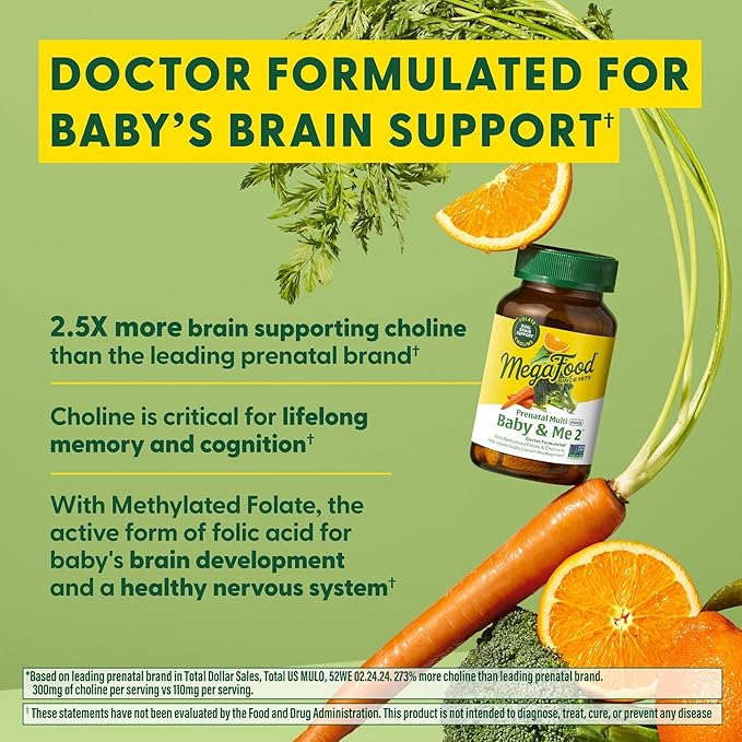 MegaFood Baby & Me 2 Prenatal Vitamin and Minerals - Vitamins for Women - with Folate (Folic Acid Natural Form), Choline, Iron, Iodine, and Vitamin C, Vitamin D and more - 60 Tabs (30 Servings)