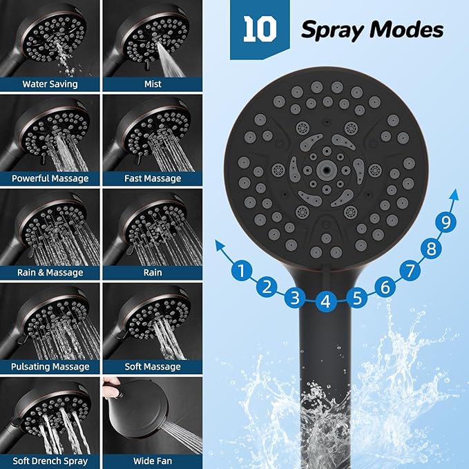 Hibbent Upgraded All Metal 10"Rainfall Showerhead Combo, High Pressure Shower Head with 10-Spray Mode Handheld, Innovative 4-way Diverter with Pause Mode, 71'' Hose and Holder, Oil Rubbed Bronze
