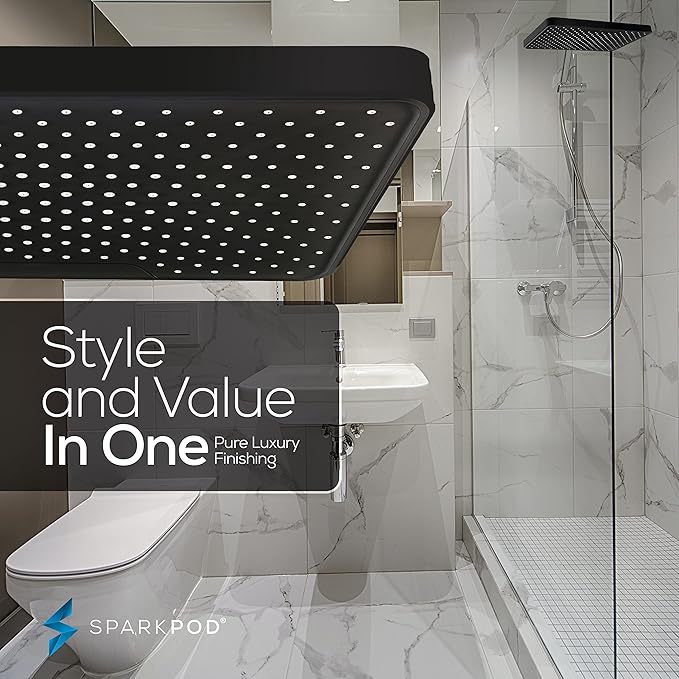 SparkPod 12 Inch Black Rain Shower Head - Ceiling or Wall Mount Rainfall Shower Head - Large Coverage Showerhead - Brass Ball Joint with 360° Adjustment - 1-Min Install (Midnight Black Matte)