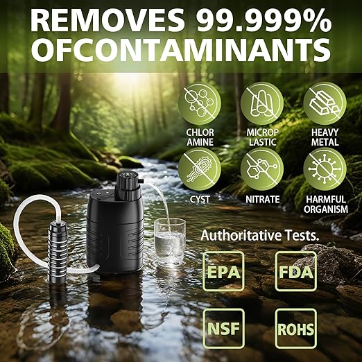 YOTAN Electric Water Purifier Survival, 0.01 Micron 6-Stage Portable Water Filter with Emergency Compass, Water Purification System for Camping, Backpacking, Hiking, Travel, Biking, Fishing, Hunting