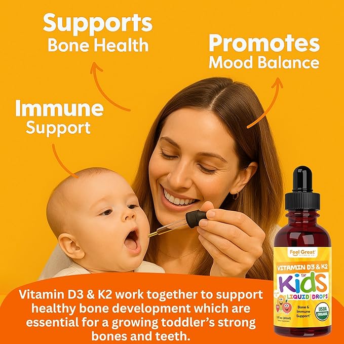 Feel Great USDA Organic Liquid Vitamin D Drops for Infants & Toddlers (2 oz) w/ K2 for Absorption | Vitamin D for Kids Supports Immune Support & Bone Health | Sugar Free, Vegan, Non-GMO & Gluten Free
