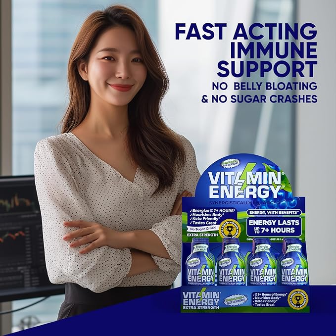 Vitamin Energy Immune+ Extra Strength Energy Shot Blue Raspberry 48 Pack, 260mg Natural Caffeine, B-Vitamins, Citicoline, Green Tea, Immunity & Focus Support, Zero Sugar, Gluten-Free 1.93 fl oz