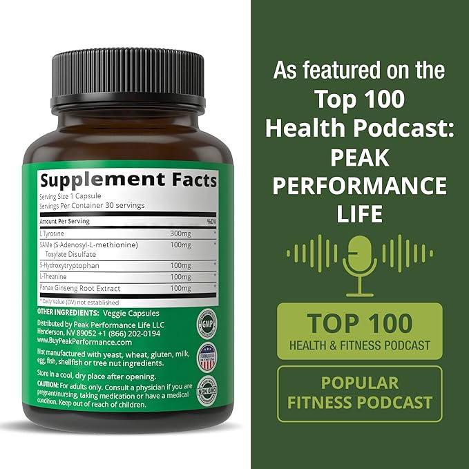 Peak Performance Mood Support Supplement with 5 Top Ingredients: 5HTP, SAM e, L Tyrosine, L Theanine, and Panax Ginseng. Calm, Focus, Relaxation Supplements. Vegan