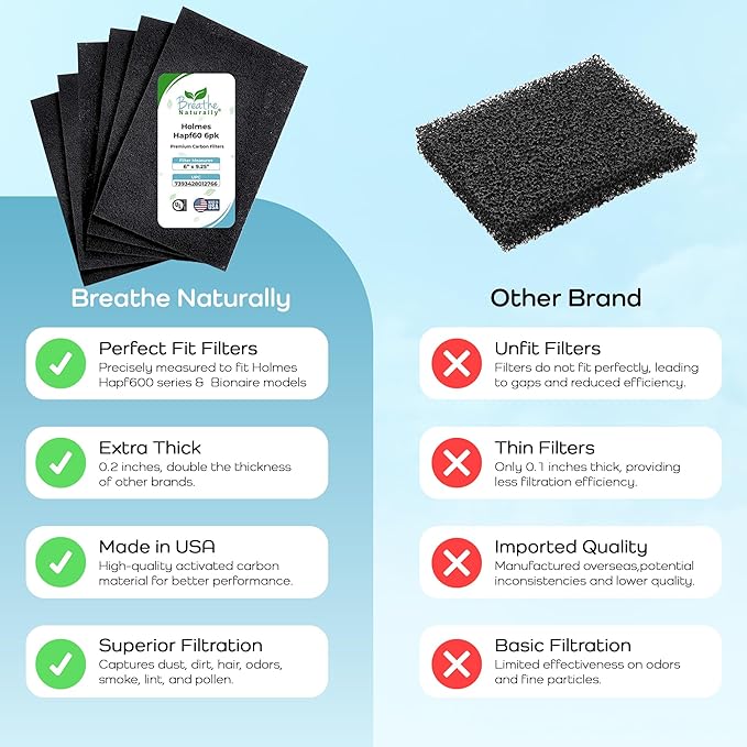 Breathe Naturally - Hapf600 HEPA Carbon Filter Replacement for Holmes Air Purifiers - High Efficiency Carbon Air Cleaner Filters - Compatible with Holmes HAPF600 Series - (6 Pack Carbon Filter C)