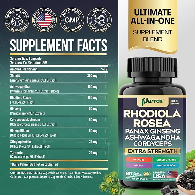 Rhodiola Rosea Panax Ginseng Ashwagandha Cordyceps Mushroom Turmeric Ginkgo Biloba Stinging Nettle Adaptogen Blend Supplement Capsules for Daily Wellness Support – 60 Capsules