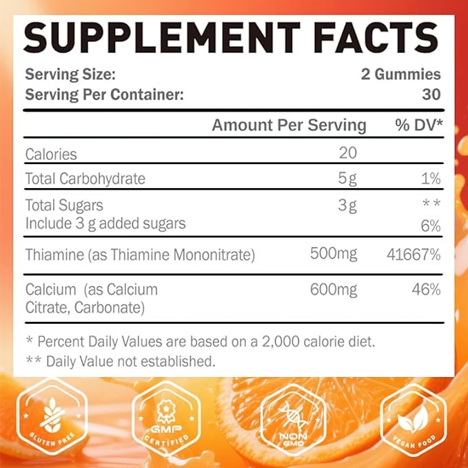 Vitamin B1 Gummies 500mg, Chewable Thiamine B1 Supplement for Adults, with 600mg Calcium Citrate, Support Nervous System, Vegan, Natural Orange Flavor