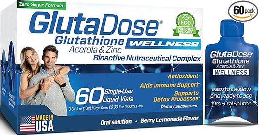 Liquid Glutathione Supplement, Lemon Berry Flavored Acerola Energy Booster w/Zinc, Daily Vitamins & Minerals, Zero Sugar Formulation, Everyday Auto-Immune Support for Adults, 0.34 fl oz, Pack of 60