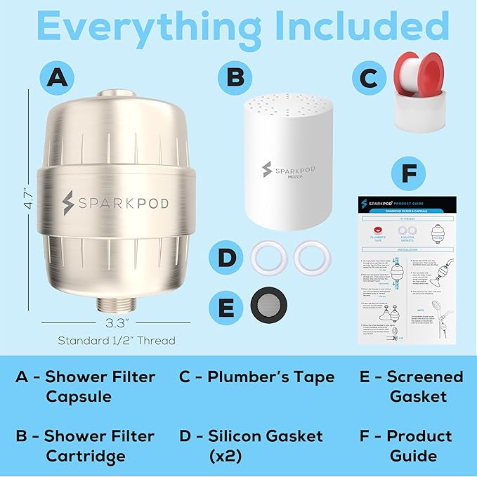 SparkPod 23 Stage Shower Head Filter for Dry Hair and Skin - High Output Universal Shower Filters to Remove Toxic Chemicals, Chlorine & Heavy Metals (Elegant Brushed Nickel)