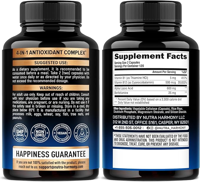 Alpha Lipoic Acid 600mg - ALA Supplement Antioxidant for Nerve, Energy & Metabolism Support - Extra Strength with Benfotiamine, Vitamins B1 & B12 - Lab Tested, Non-GMO & Vegan - 240 Capsules
