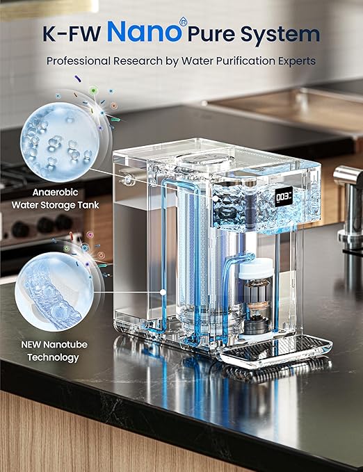 CF01 Reverse Osmosis Countertop Water Filter, 8 Stage Nano RO Water Filtration System, Home Water Purifier, 4:1 Pure to Drain Ratio, No Installation Required, Grey