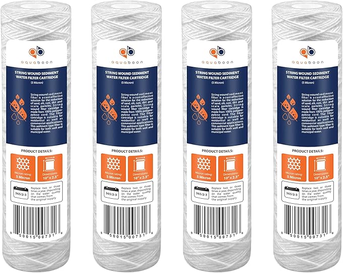 Aquaboon Whole House 5 Micron 10 x 2.5 String Wound Sediment Water Filter Cartridge Replacement Compatible with Well Water Filter WHKF-WHSW, 4-Pack