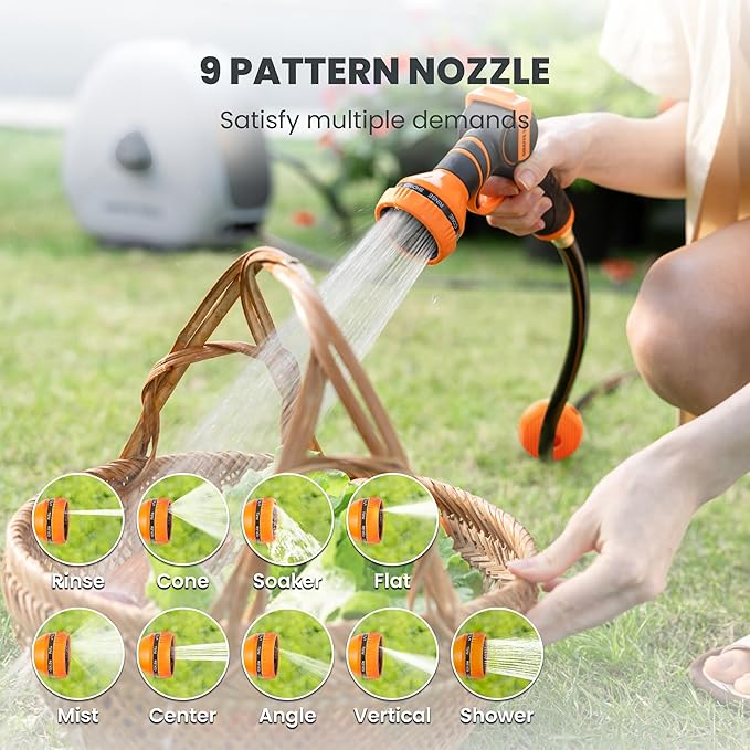 Giraffe Tools Ground Mounted Retractable Hose Reel 1/2 Inch x 130FT, Heavy Duty Automatic Rewind Garden Hose Reel, with Flexible Swivel Base for Lawn, Concrete Floor