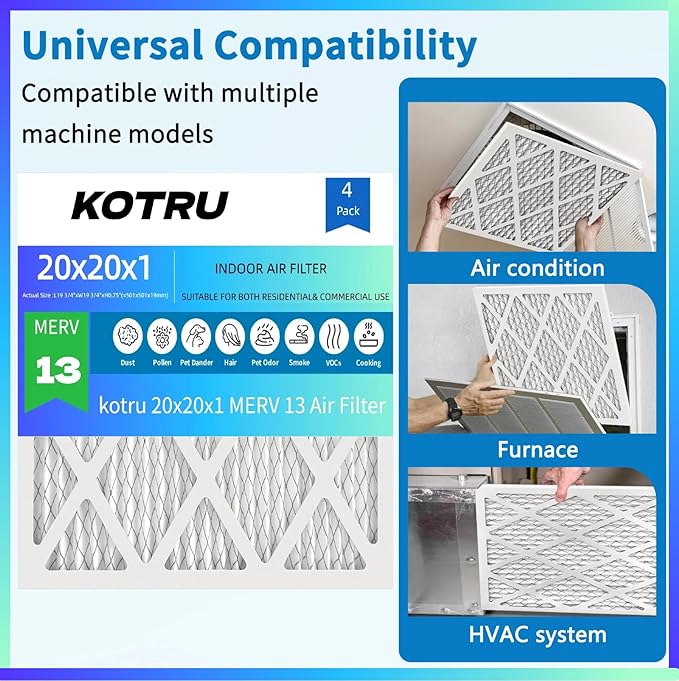 20x20x1 Air Filter MERV 13 (4-Pack) Electrostatic Pleated HVAC Heater Filter Effectively Filters Dust, Pollen, Pet Dander (Actual Size: 19.5x19.5x0.75 inches)
