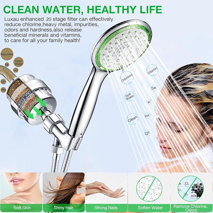 Filtered Shower Head Combo, Includes 79" Hose, 20 Stage Shower Filter Head, High Pressure Handheld Spray Showerhead, Shower Arm Mount Holder, for Hard Well Water Chlorine, Chrome (S10)