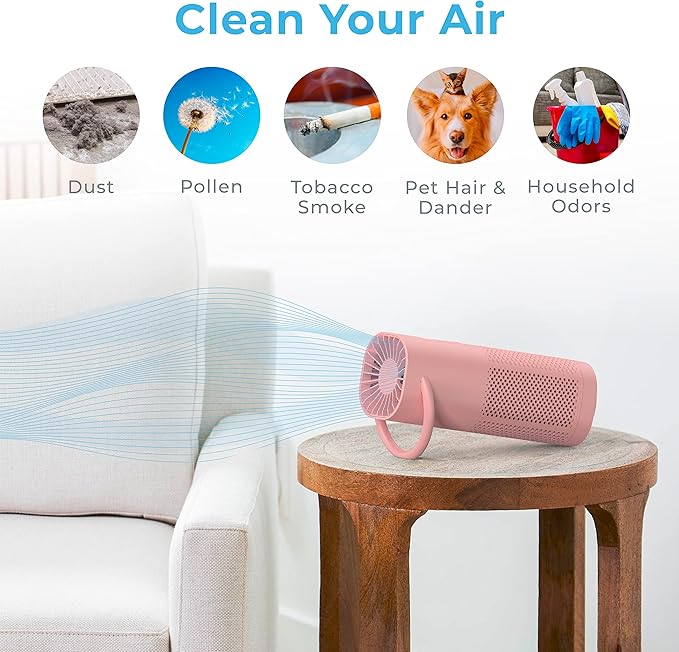Pure Enrichment PureZone Mini Portable Air Purifier - Cordless True HEPA Filter Cleans Air & Eliminates 99.97% of Dust, Odors, & Allergens Close to You - Cars, School, & Office (Blush)