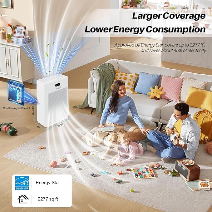 Air Purifiers for Home Large Room Covers Up to 2277 Ft², 22 dB HEPA Air Purifiers for Home Bedroom, Smart WiFi & Remote Control, Air Quality Monitor, Timer, Child Lock, KJ-520, White