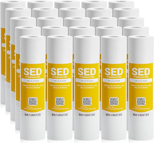 Max Water 10 inch x 2.5 inch, 5 Micron Replacement Sediment Water Filter Cartridge for Whole House, Melt Blown Filtration Fiber for P5, AP110, WHKF-GD05, 25- Pack