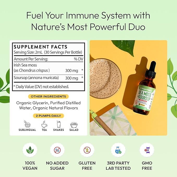 Soursop with Sea Moss Liquid Supplement – More Concentrated Than Sea Moss Gel – Easily Mix with Drinks – Soursop Bitters Liquid Drops for Hydration and Immune Support (Lemon Lime, 60mL)