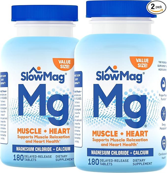 SlowMag Muscle & Heart Magnesium Chloride Supplement with Calcium, 180 Count, Supports Muscle Relaxation, Heart, Nerve & Bone Health, High Absorption (Pack of 2)