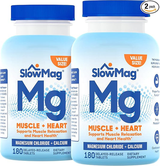 SlowMag Muscle & Heart Magnesium Chloride Supplement with Calcium, 180 Count, Supports Muscle Relaxation, Heart, Nerve & Bone Health, High Absorption (Pack of 2)