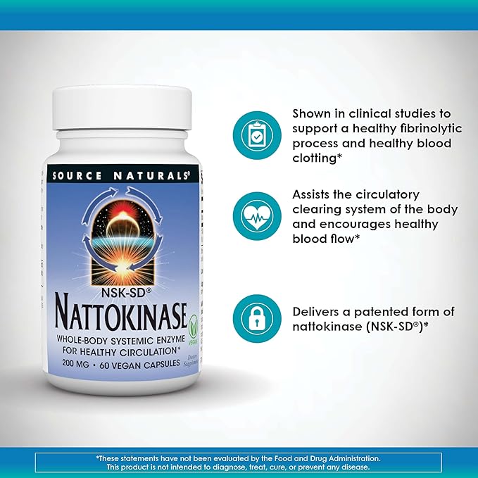 Source Naturals NSK-SD, Nattokinase, Vegetarian Friendly, Whole Body Systemic Enzyme for Healthy Circulation*, 200 mg - 60 Vegetarian Capsules