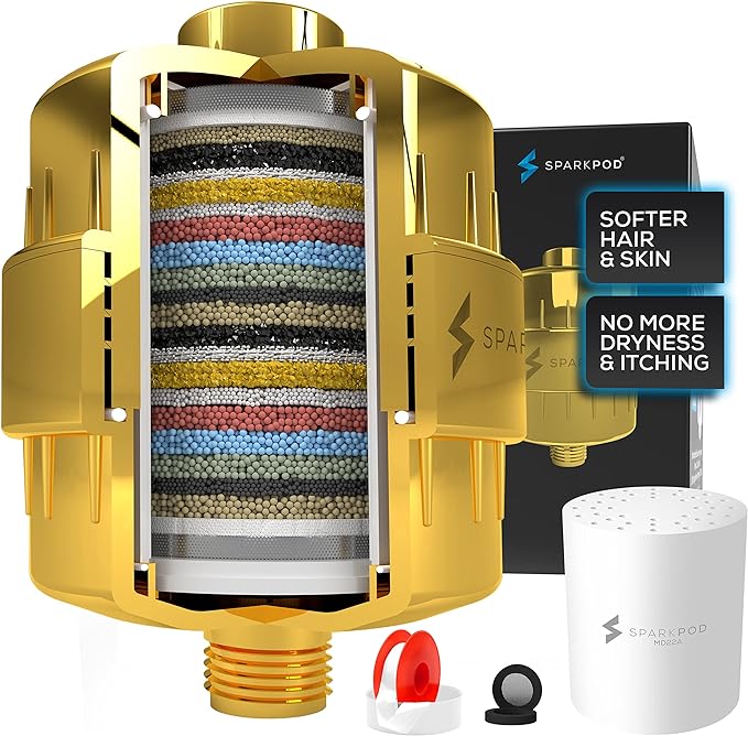 SparkPod 23 Stage Shower Head Filter for Dry Hair and Skin - High Output Universal Shower Filters to Remove Toxic Chemicals, Chlorine & Heavy Metals (Egyptian Gold)